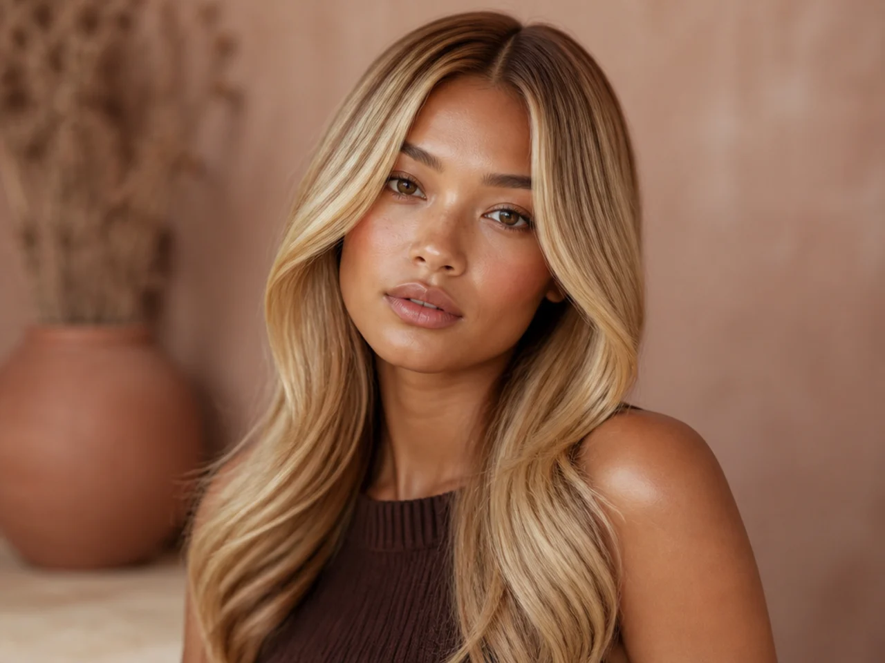 Blonde hair with a centre part