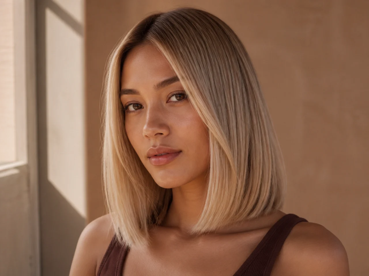 Blonde hair cut into a blunt lob