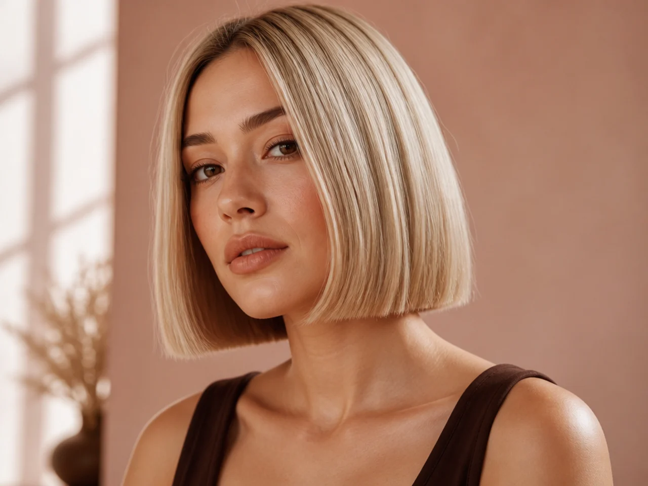 Blonde hair in a blunt bob