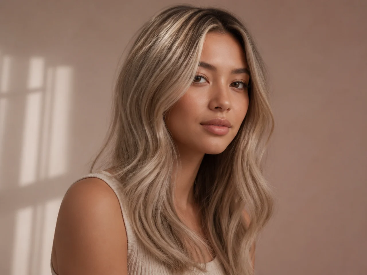 Three-quarter view of glossy low-contrast blonde hair