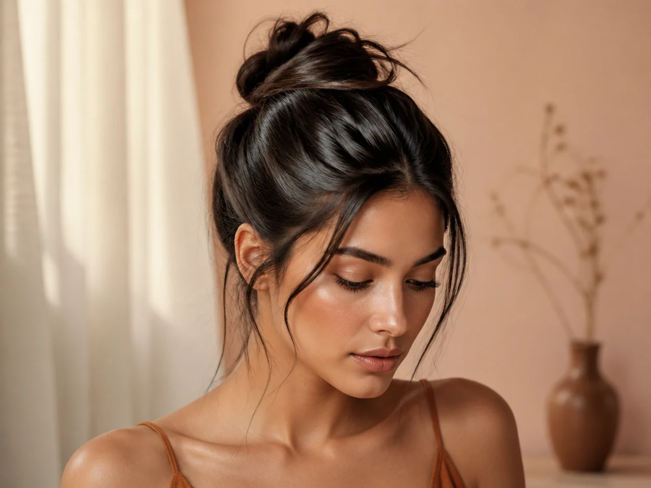 A bun attempted on freshly washed hair
