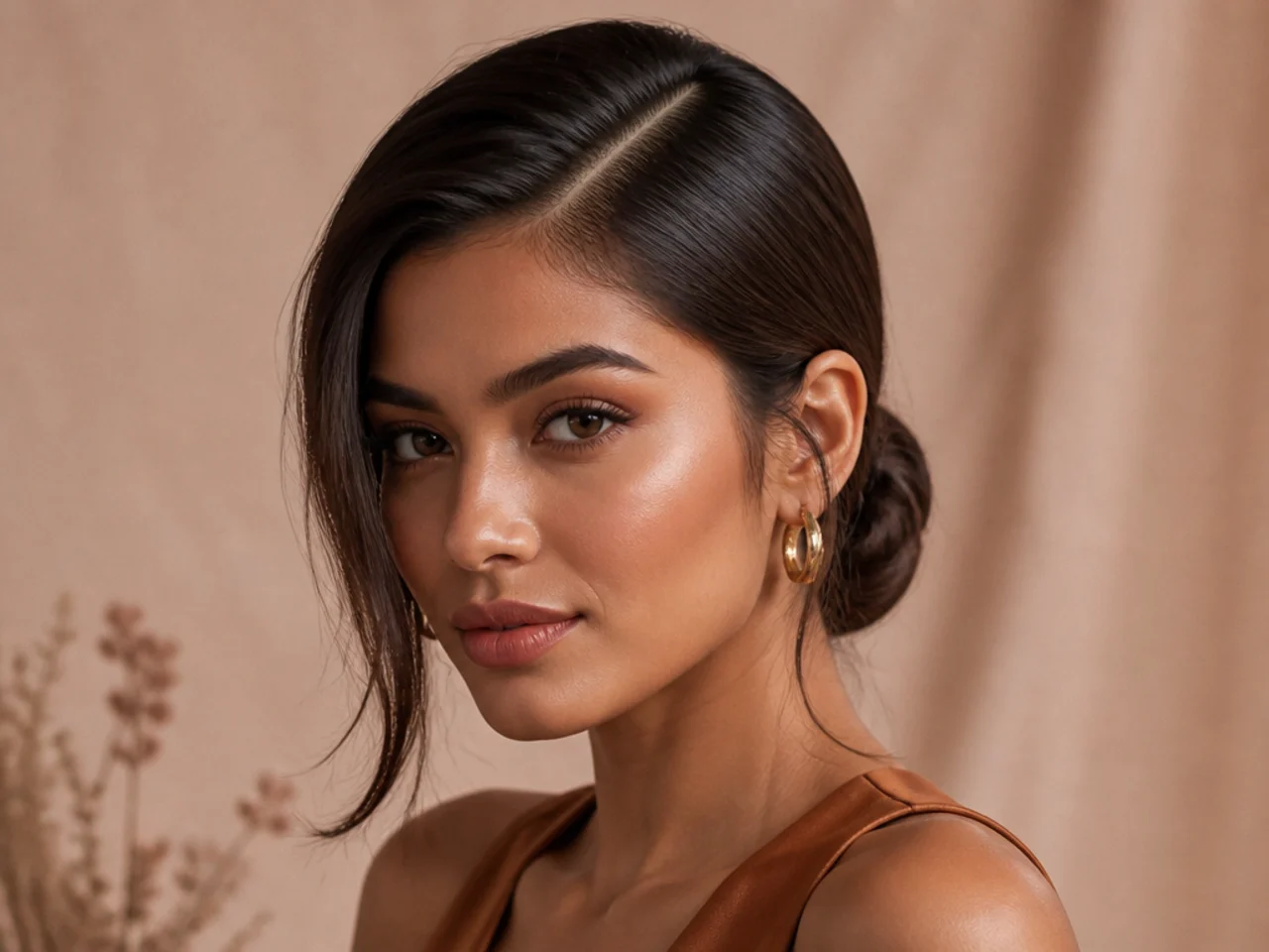 A low bun with a deep side part