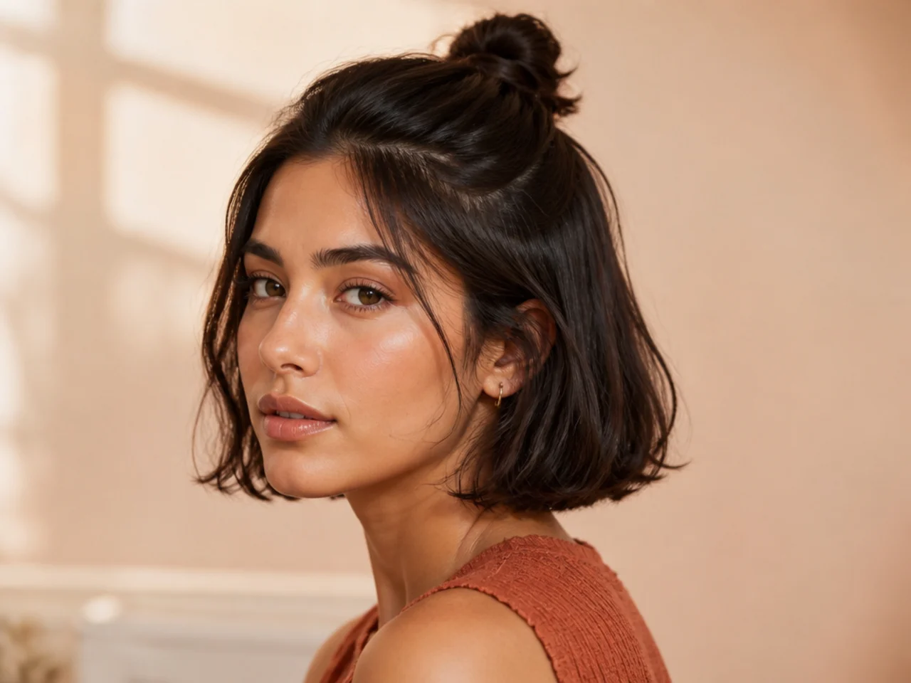 A small bun on bob-length hair