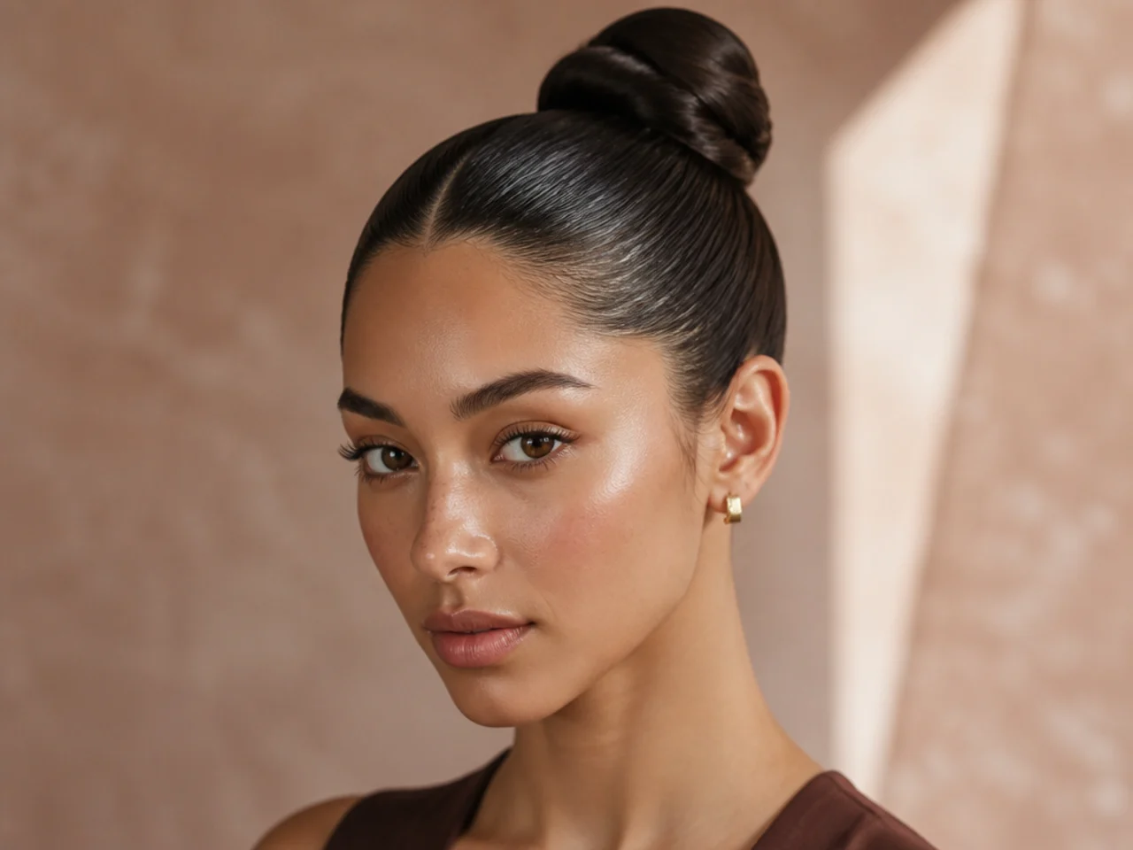 A tightly wrapped bun on long hair