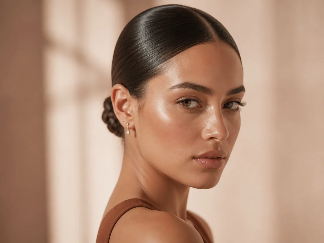 Three-quarter view of a small slicked bun