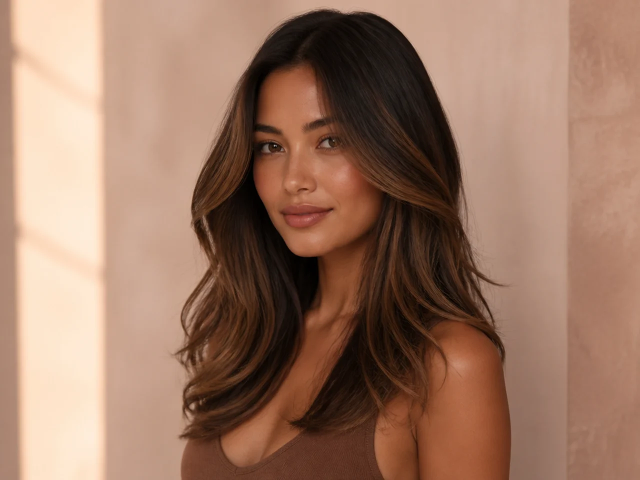 Caramel highlights through dark hair