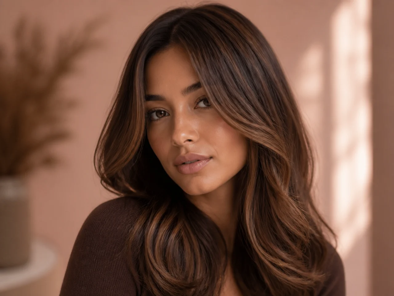 Chocolate brown hair with fine highlights