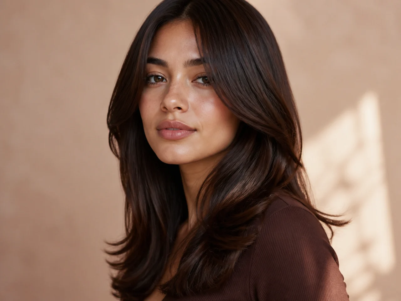 Three-quarter view of glossy low-contrast hair