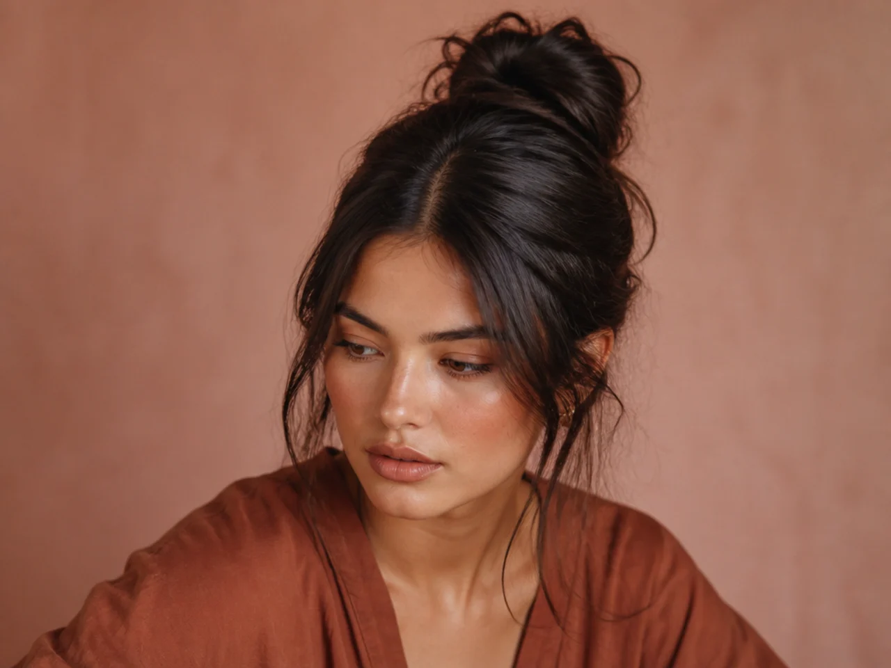 A messy bun with a clean centre part