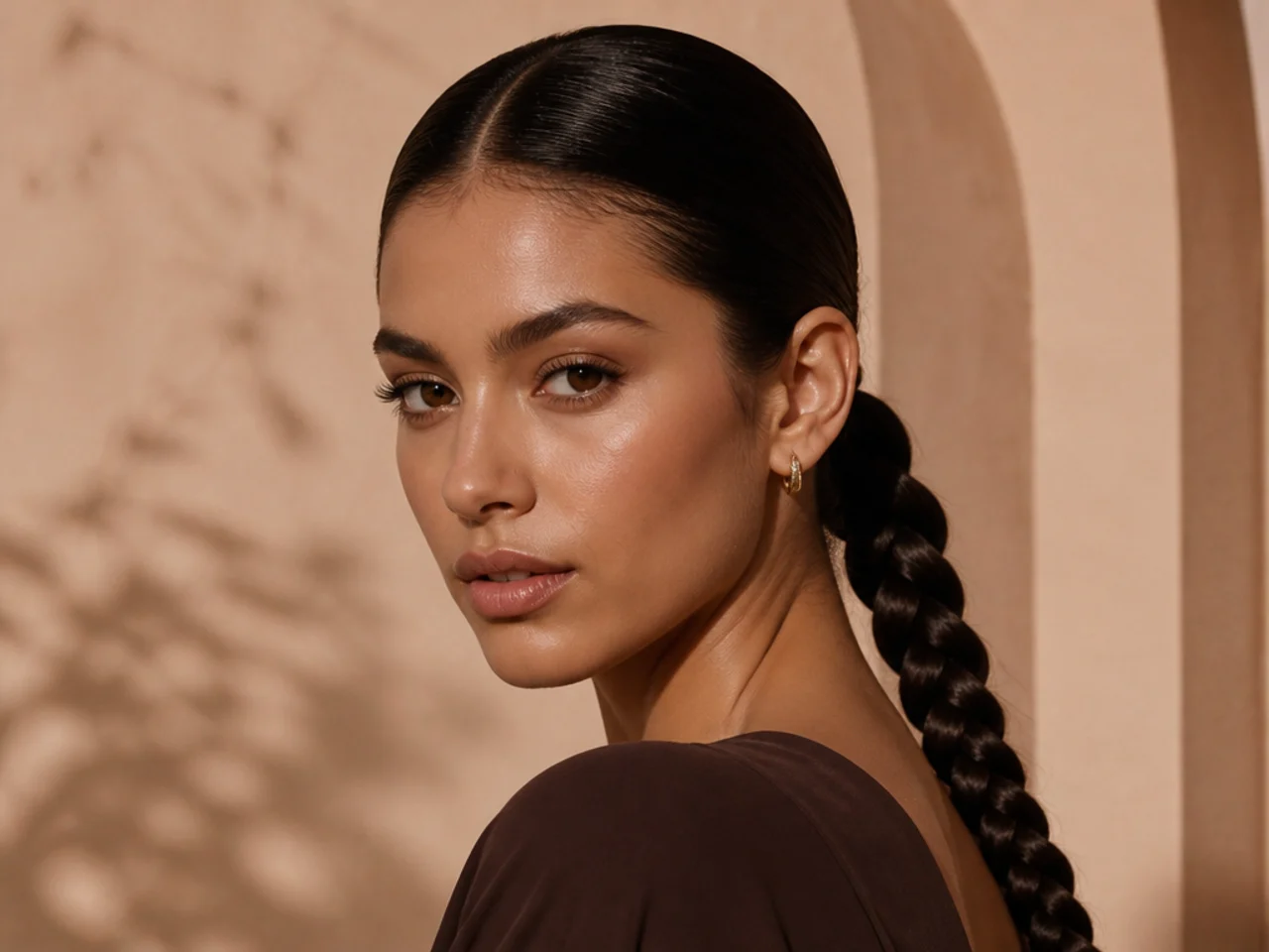 A slicked-back single braid