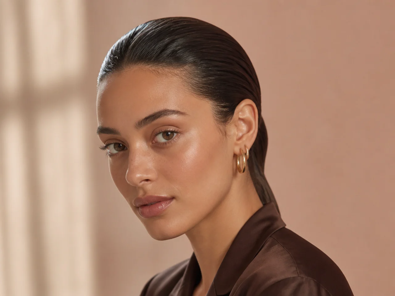 Second-day hair slicked back