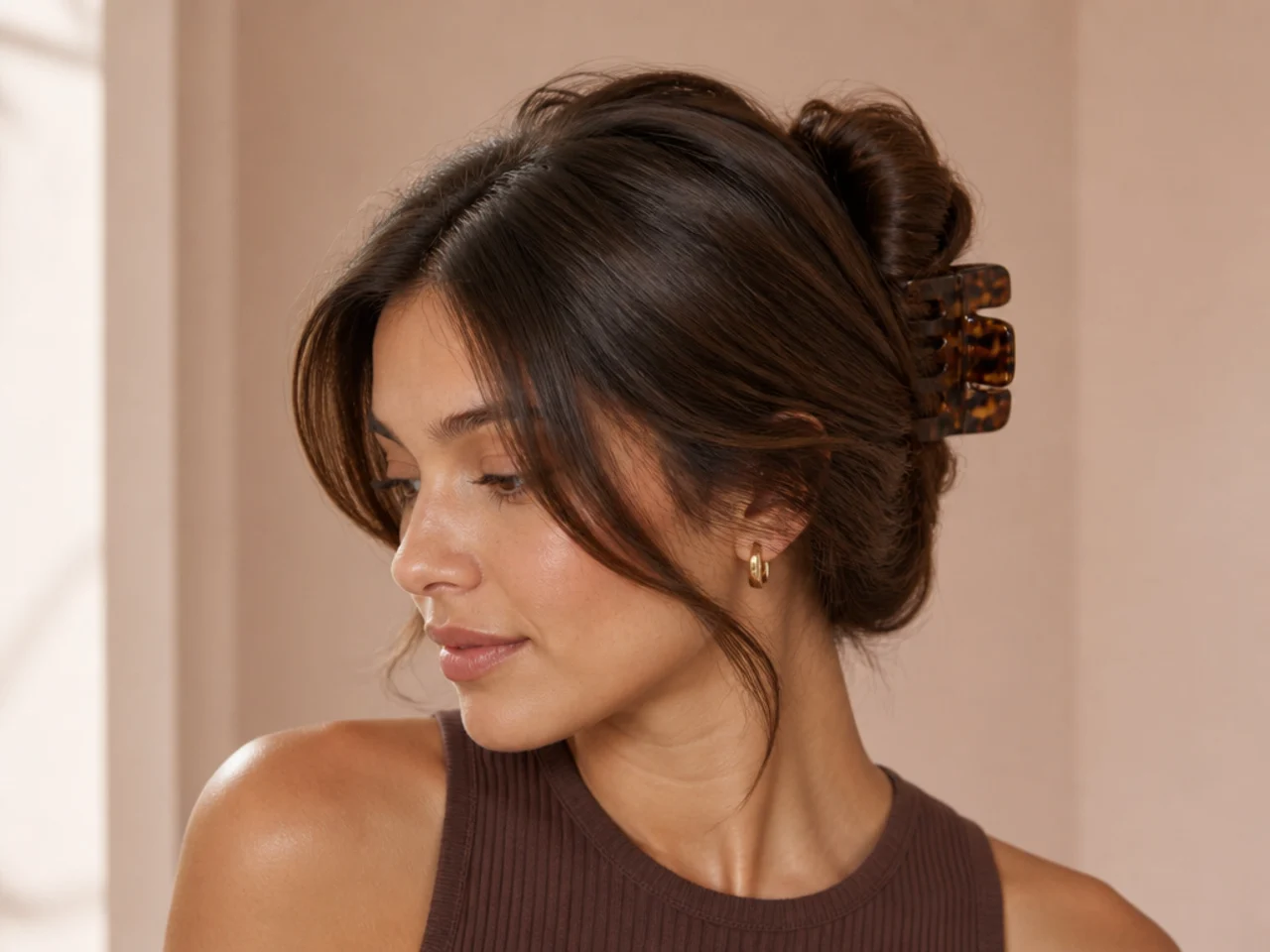 Hair twisted into a claw clip