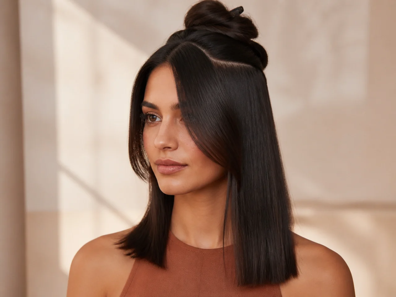 Hair brushed into an unfinished half-styled state