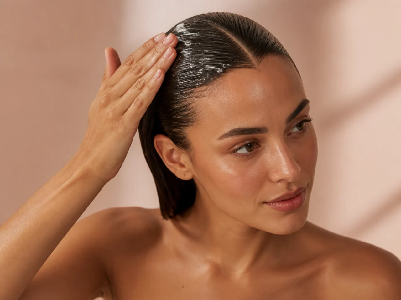 Gel being smoothed through hair for a slicked style