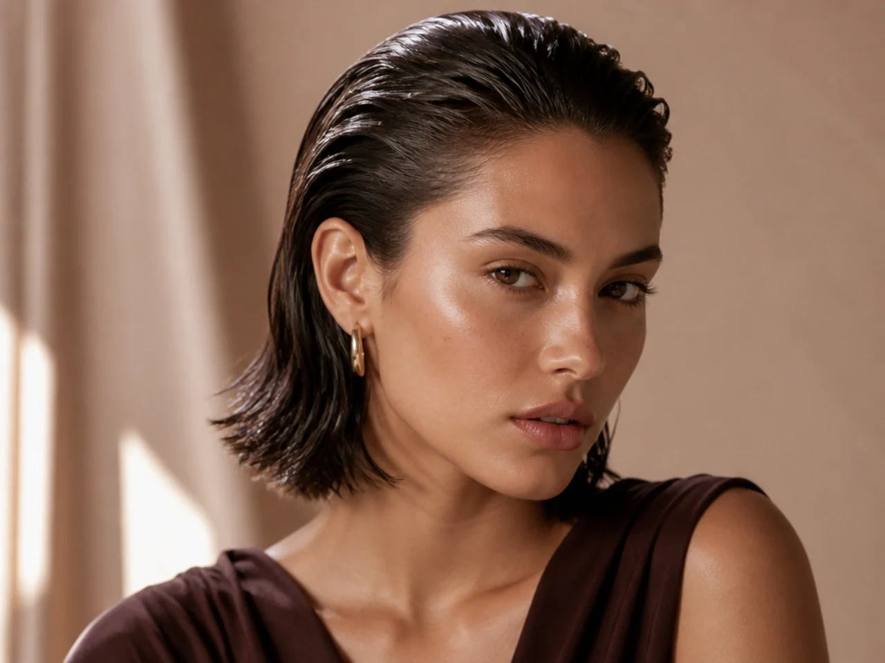 Wet-look slicked hair