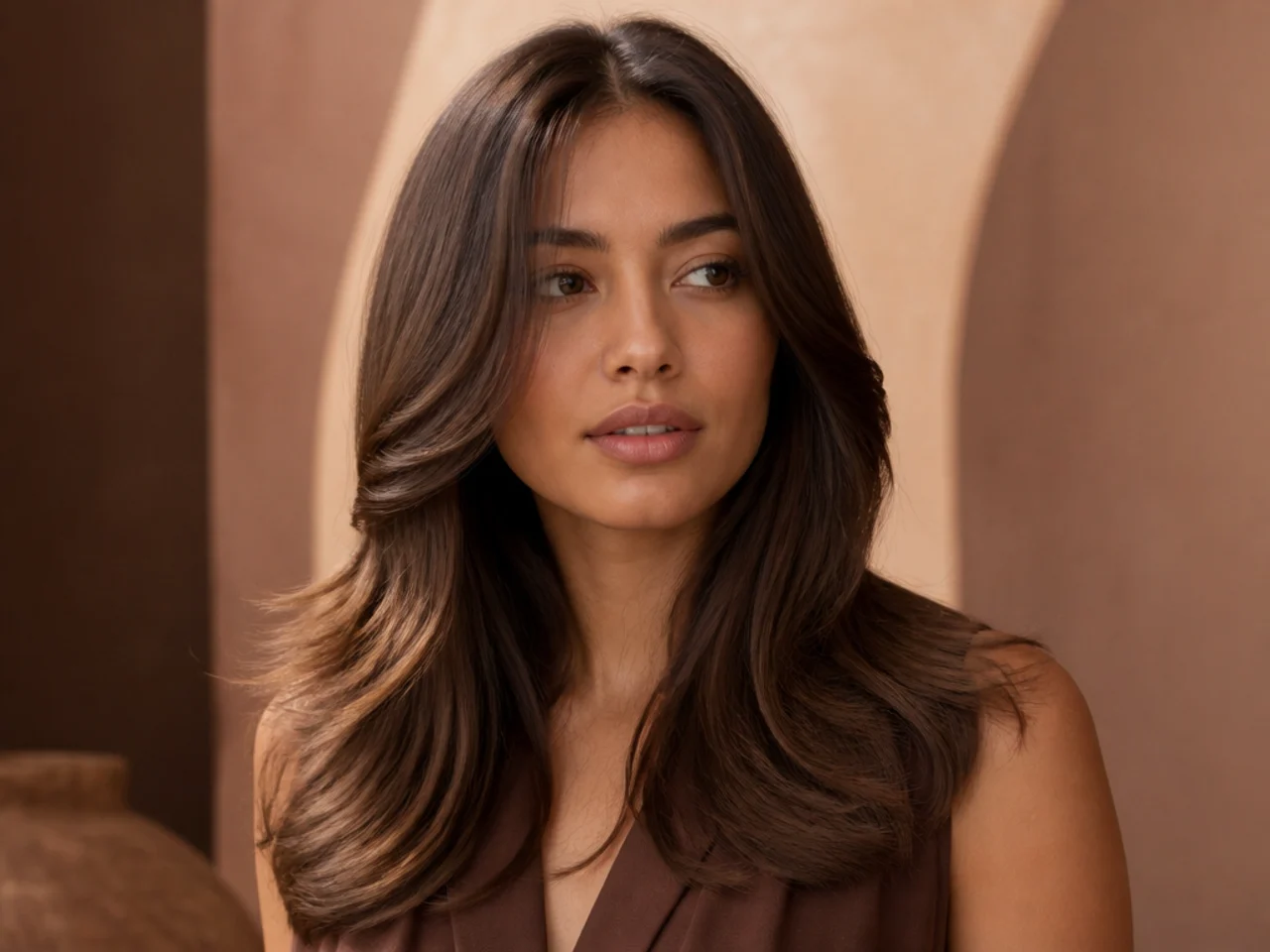 Three-quarter view of glossy low-contrast hair
