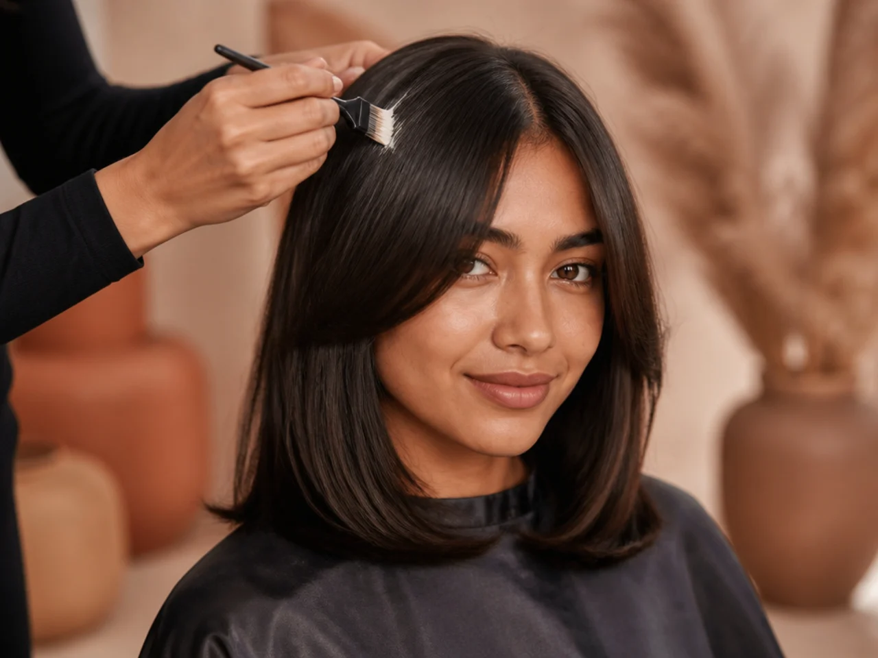 A gloss treatment being applied to dark hair