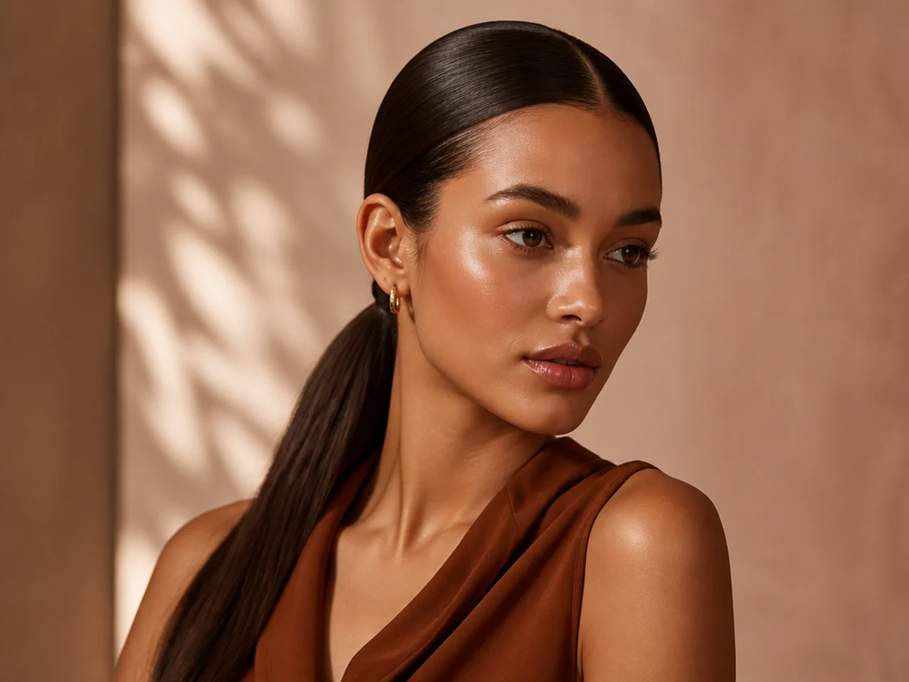 Long hair in a slicked low ponytail