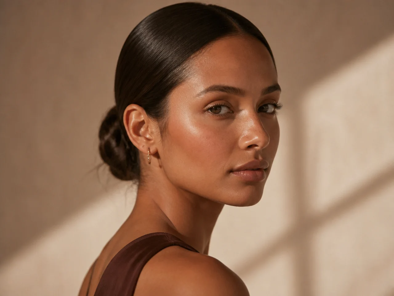 Long hair in a slicked low bun