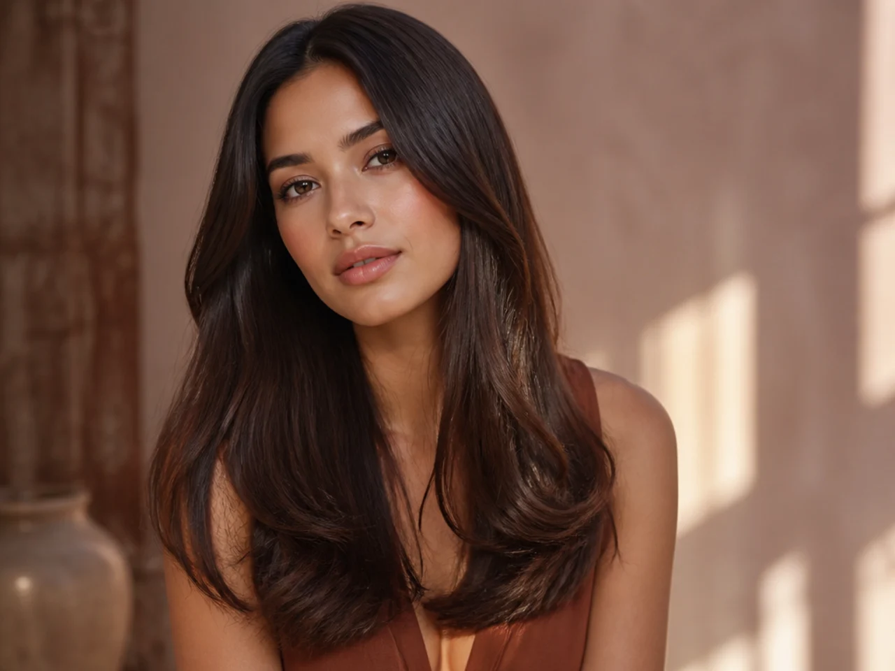 Mid-back length glossy brunette hair