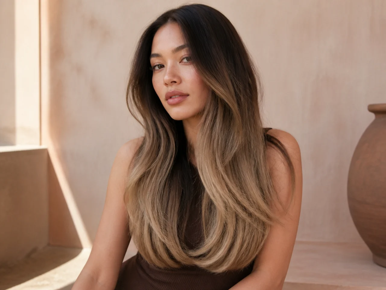 Long hair with a heavy fade from dark roots to light ends