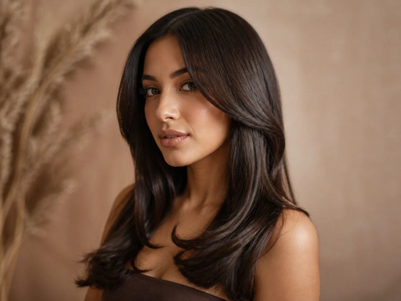 Three-quarter view of long glossy hair