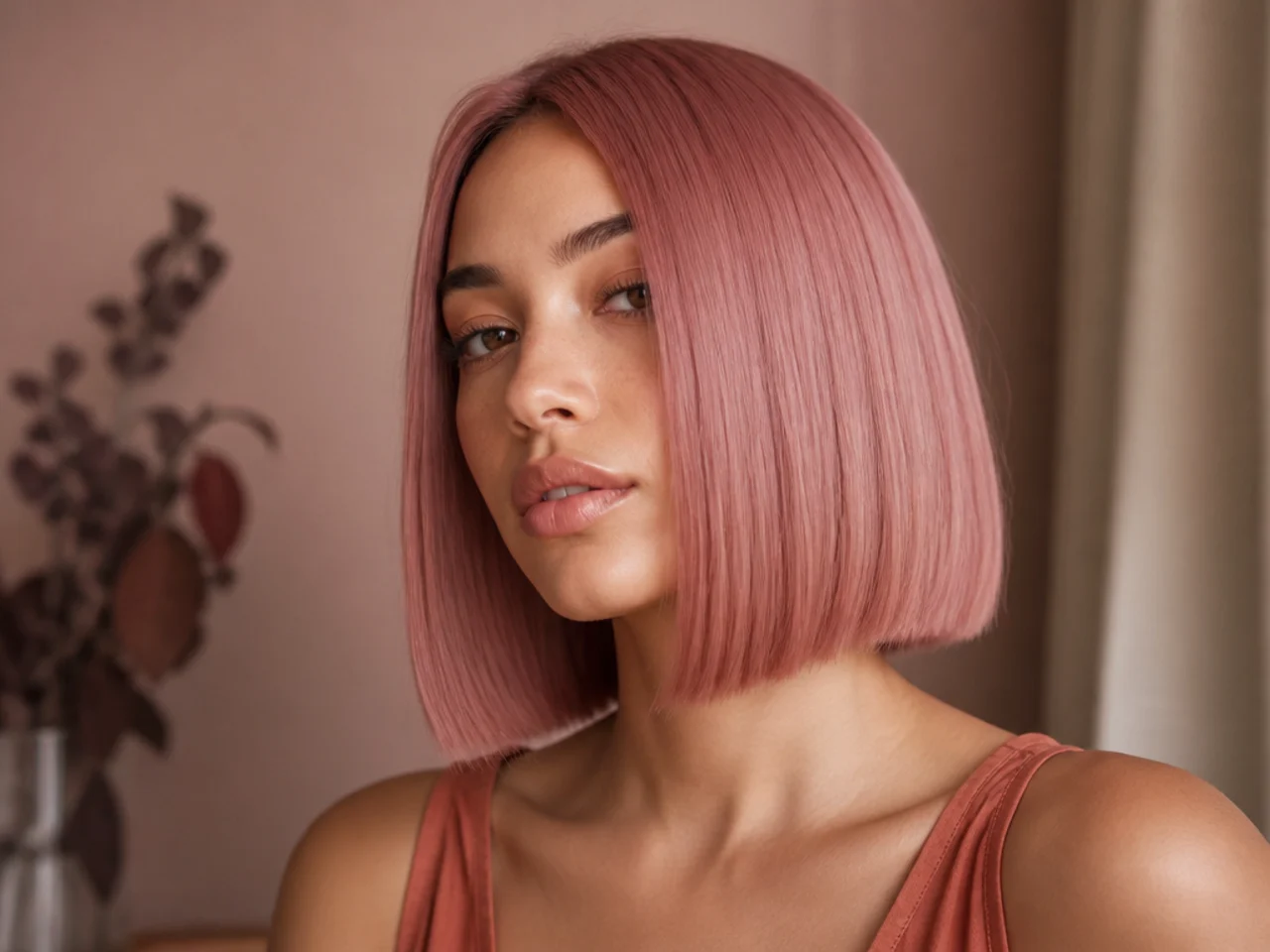 Pink hair in a blunt bob
