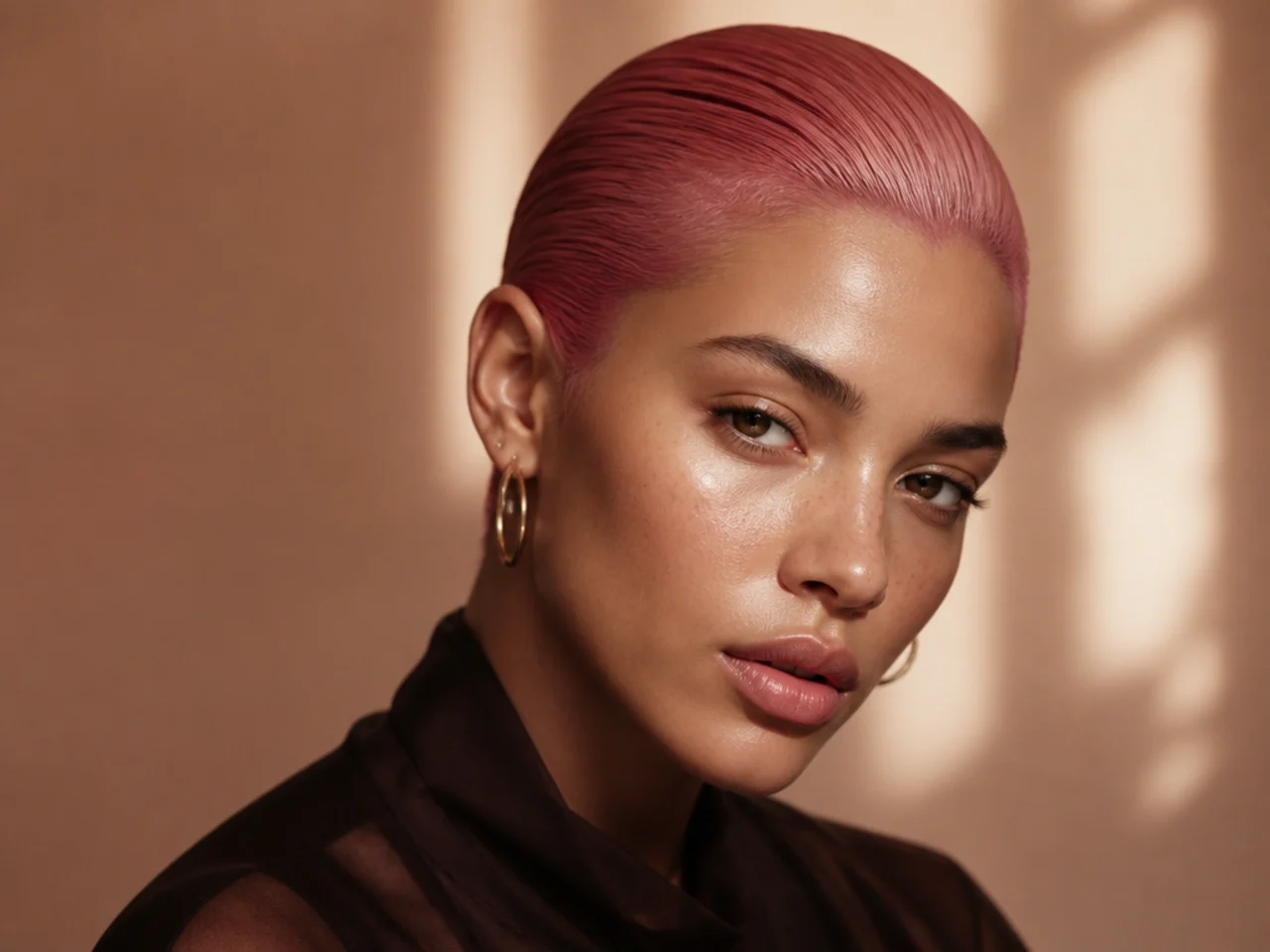 Pink hair slicked back