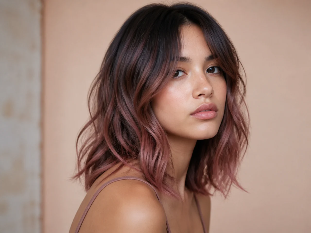 A pink wash fading evenly over dark hair