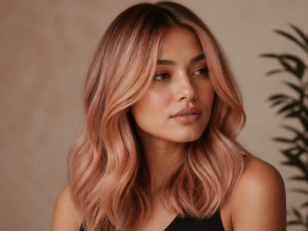 Rose gold hair over a bronde base