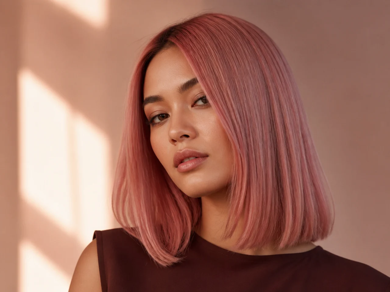 Pink hair cut into a blunt lob
