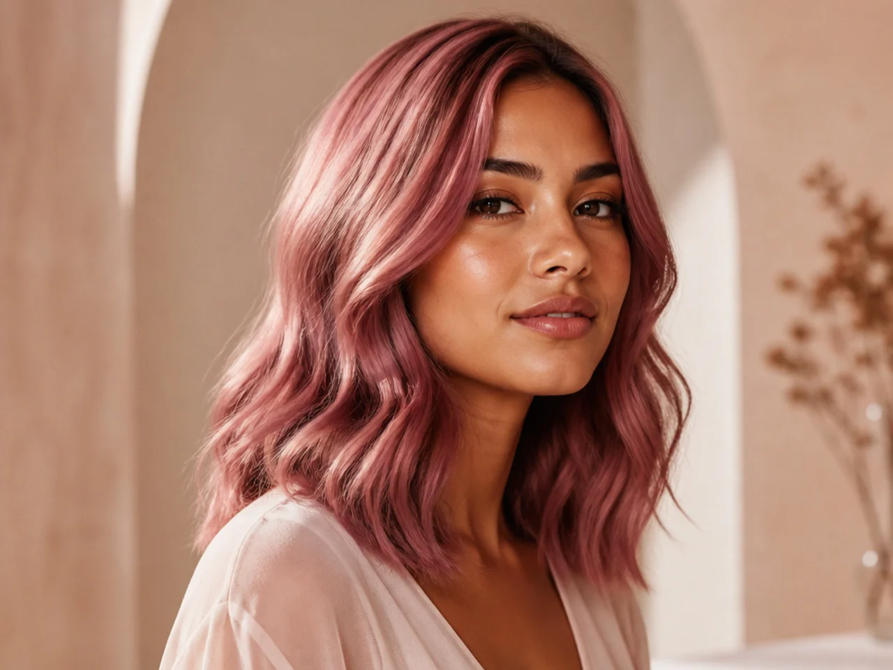 Three-quarter view of rose-toned pink hair