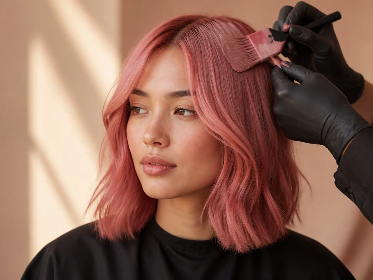 A tinted conditioner being applied to pink hair