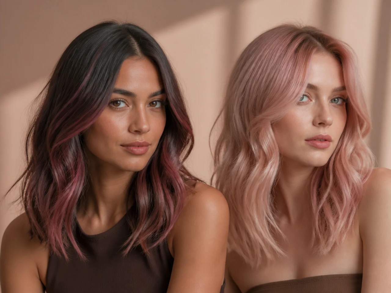 A pink wash over dark hair beside a pastel over lifted hair
