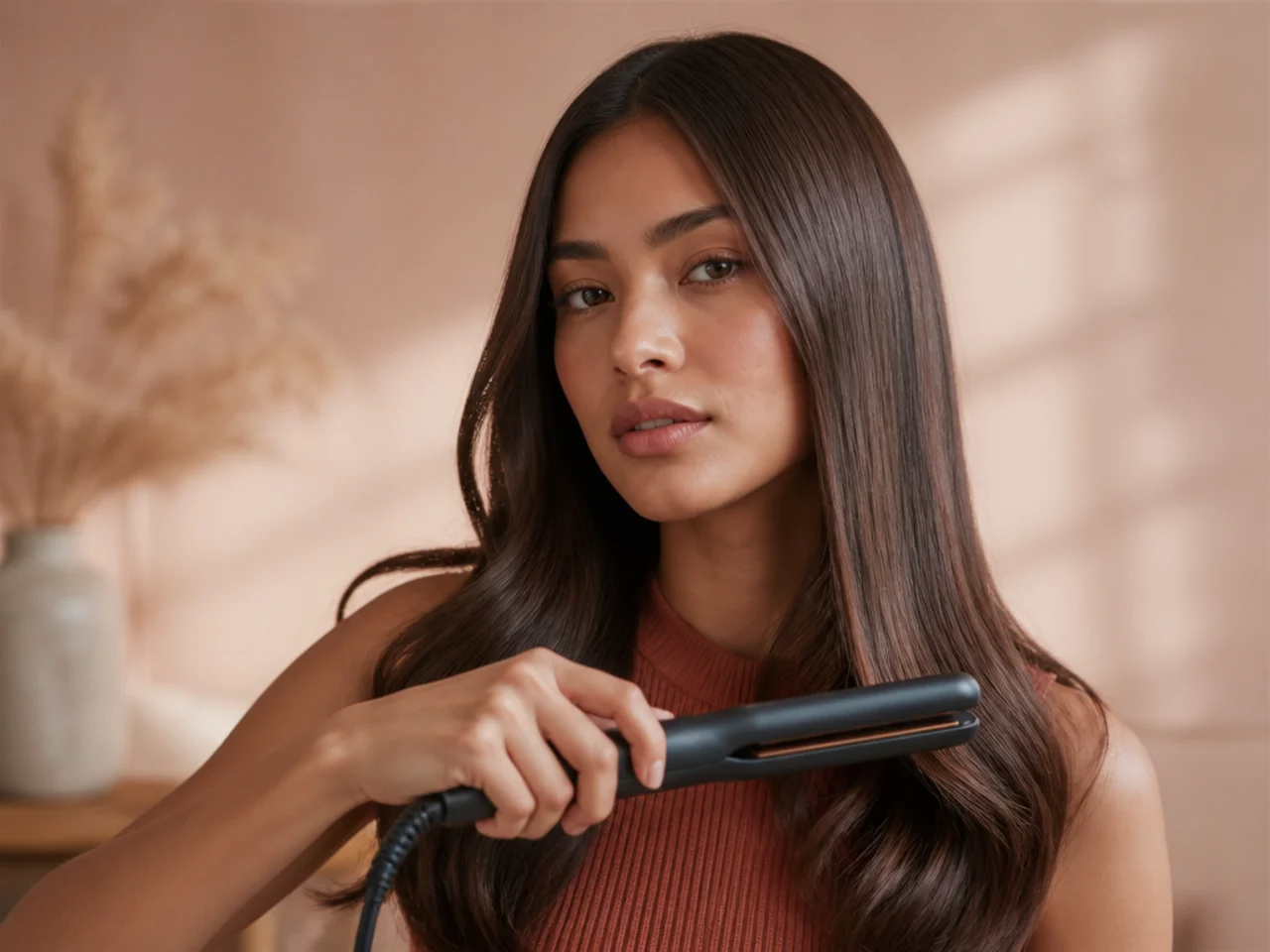 A flat iron held below cheekbone level