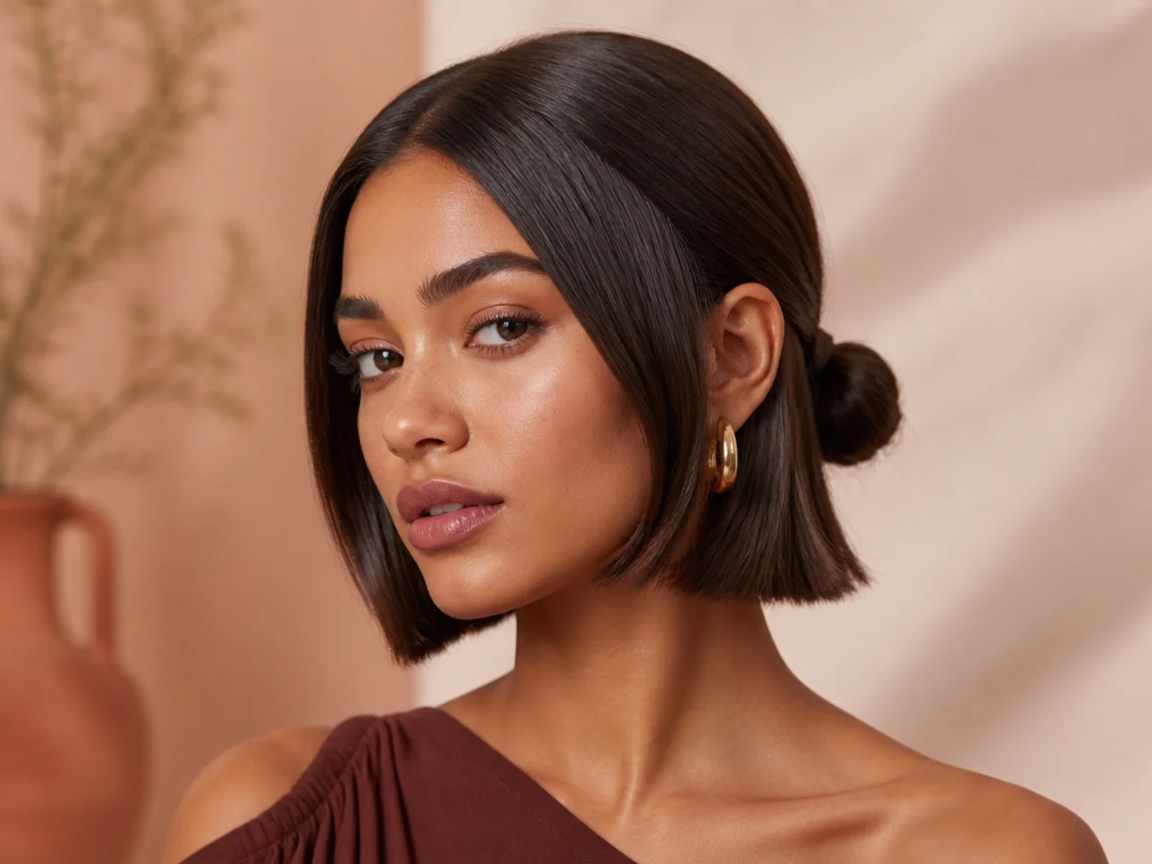 A small sleek bun on bob-length hair
