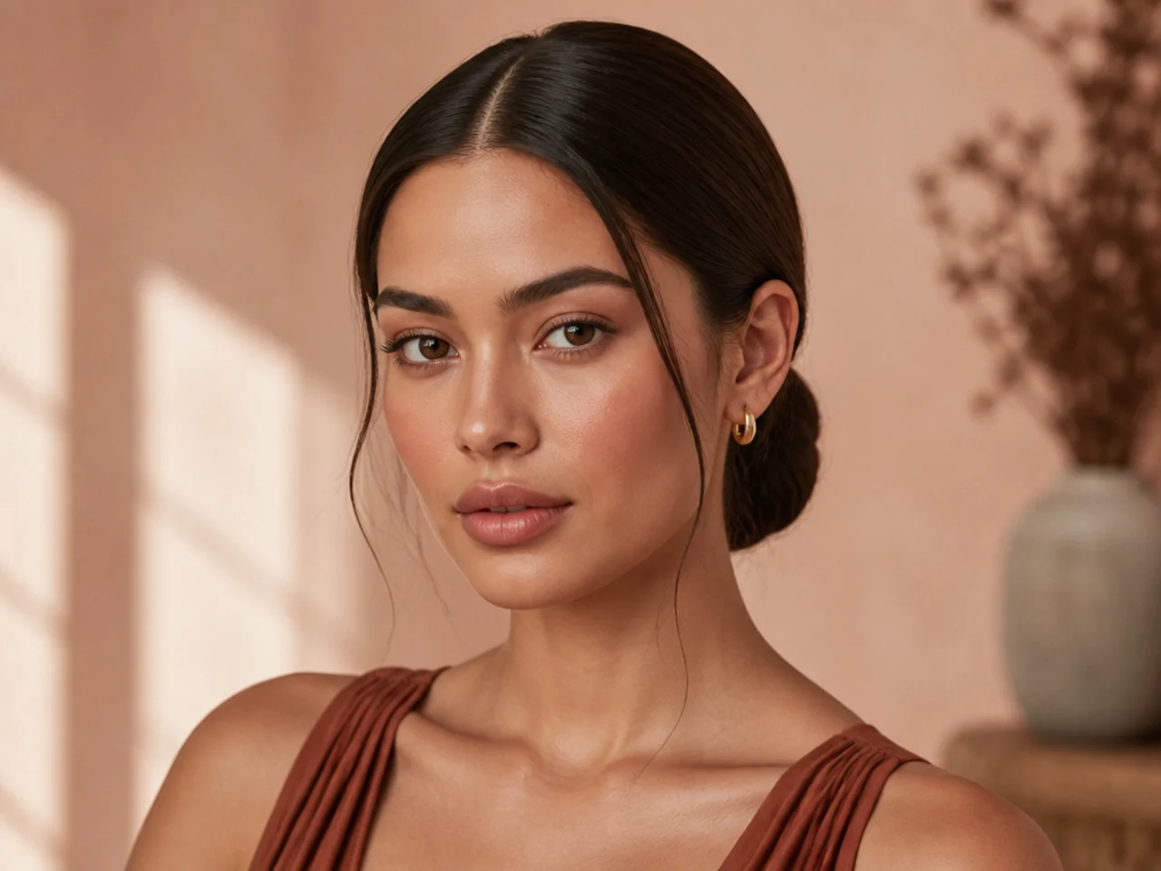 A low bun with a clean centre part