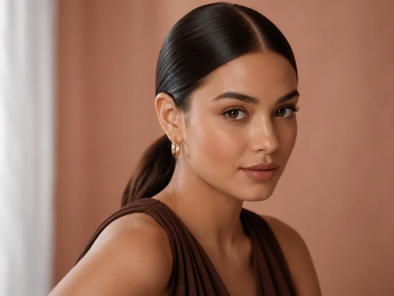 A sleek low ponytail