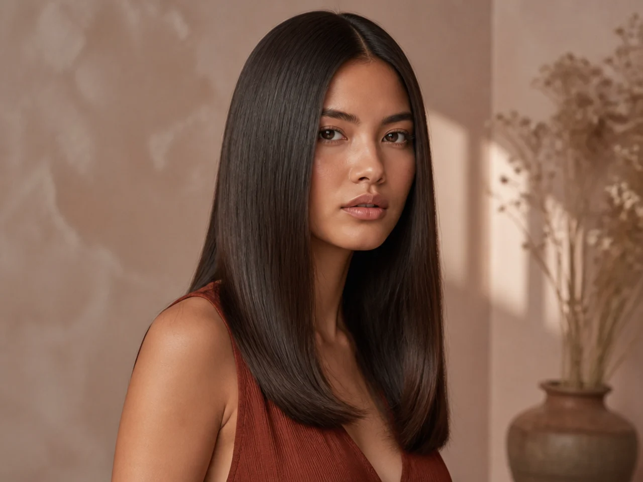Sleek hair worn down