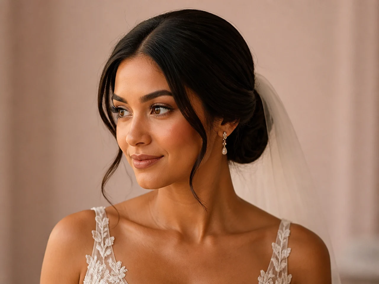 A low bun with a veil pinned beneath
