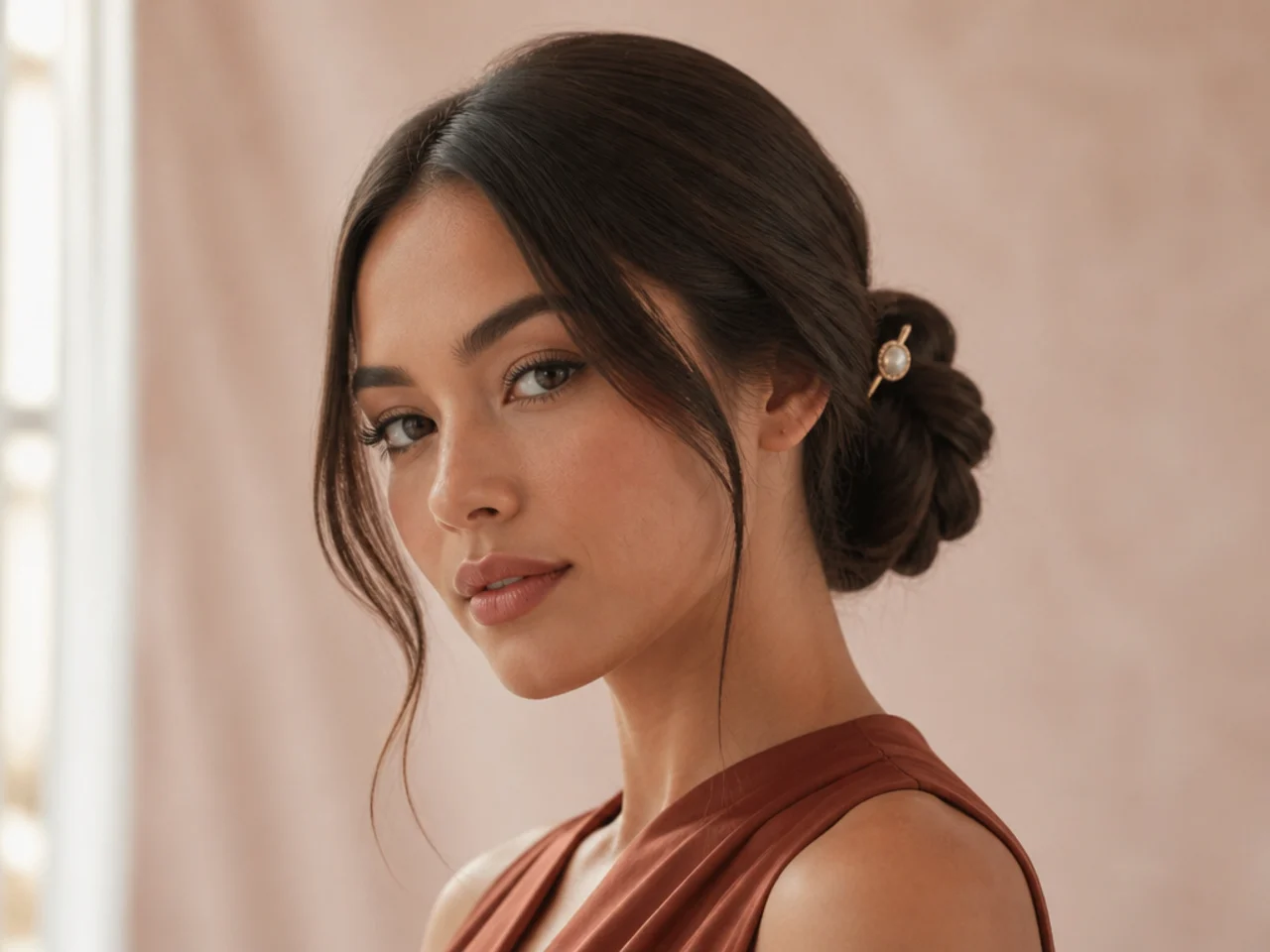 A chignon finished with a single decorative pin