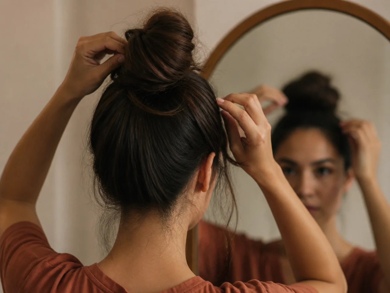 A bun being adjusted repeatedly in a mirror
