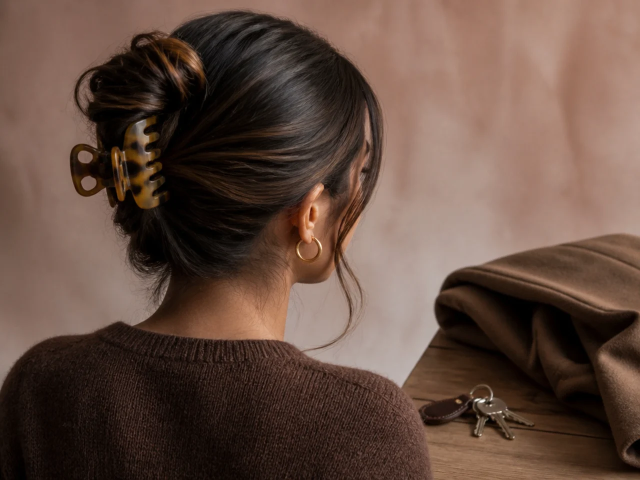 A claw clip kept beside keys and a coat
