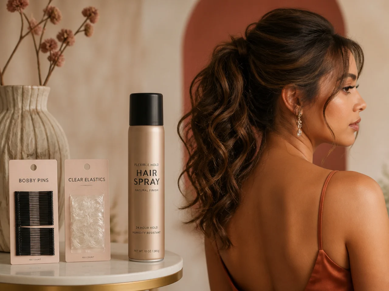 Bobby pins, clear elastics and flexible-hold spray bought in advance