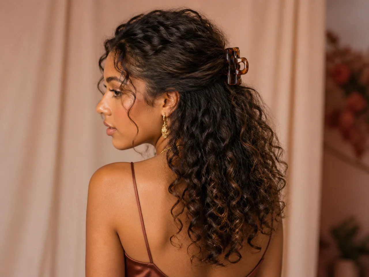 Curly half-up held with a claw clip