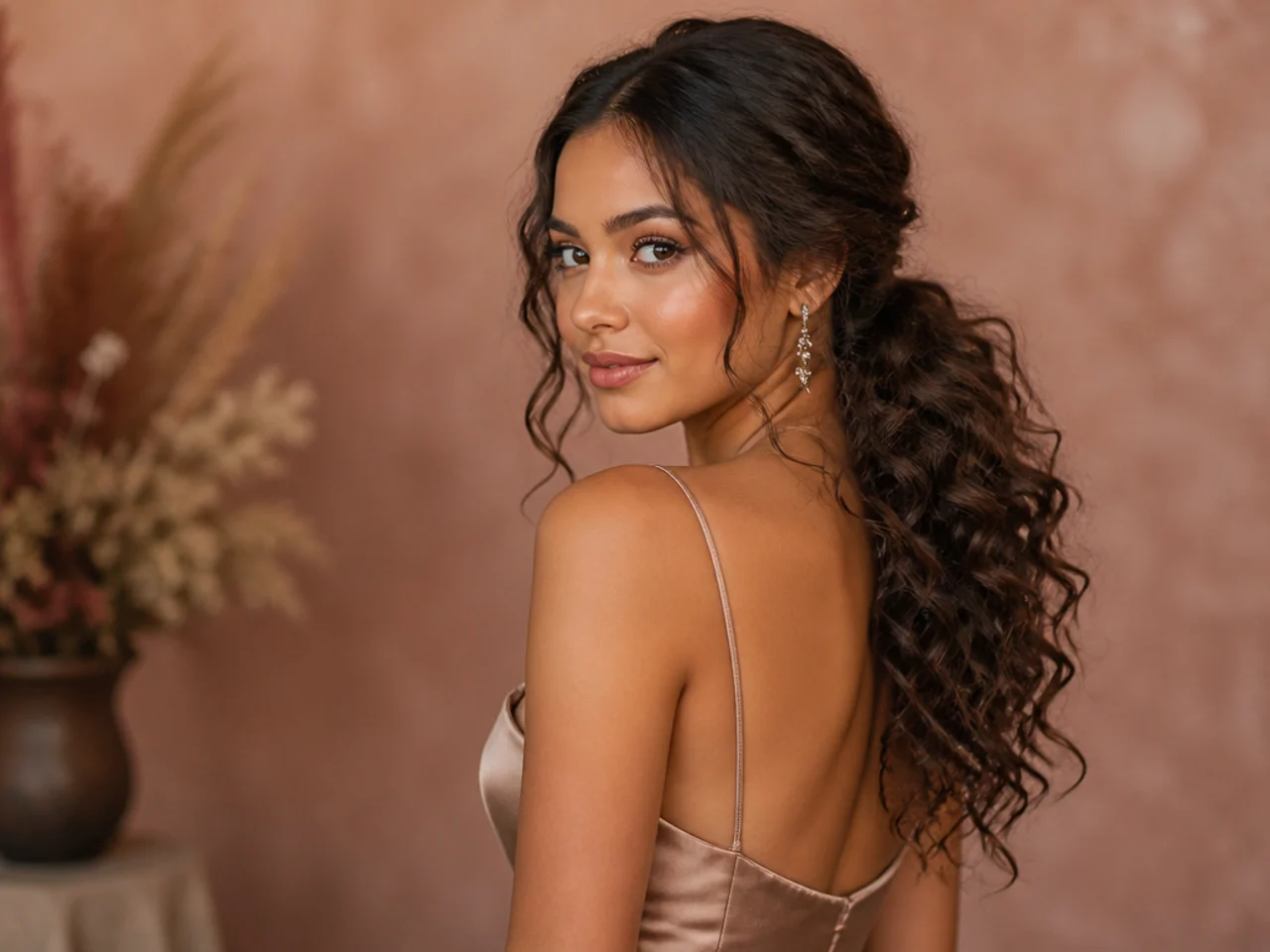 Curls gathered over one shoulder