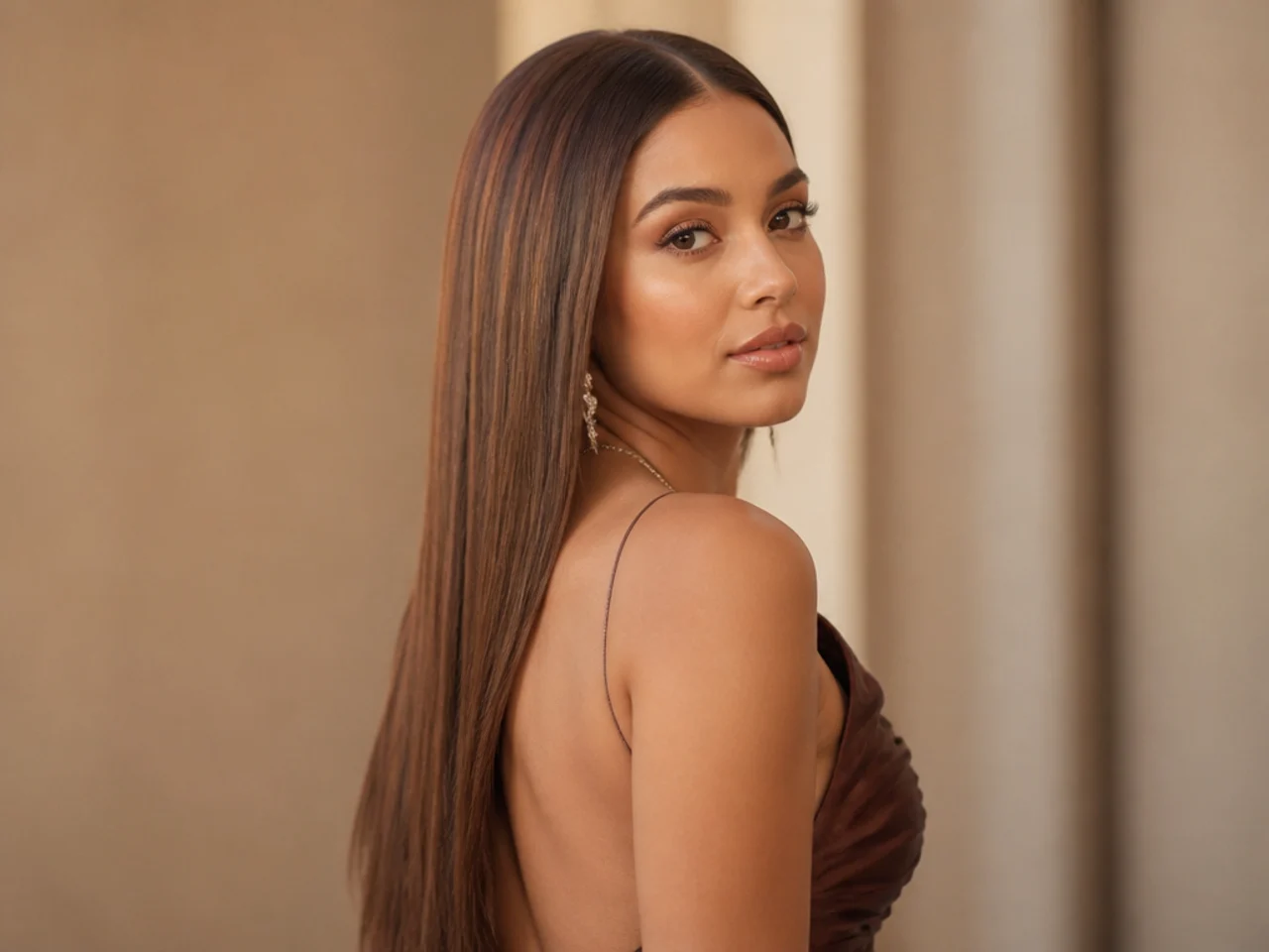 Glossed colour-treated hair worn straight