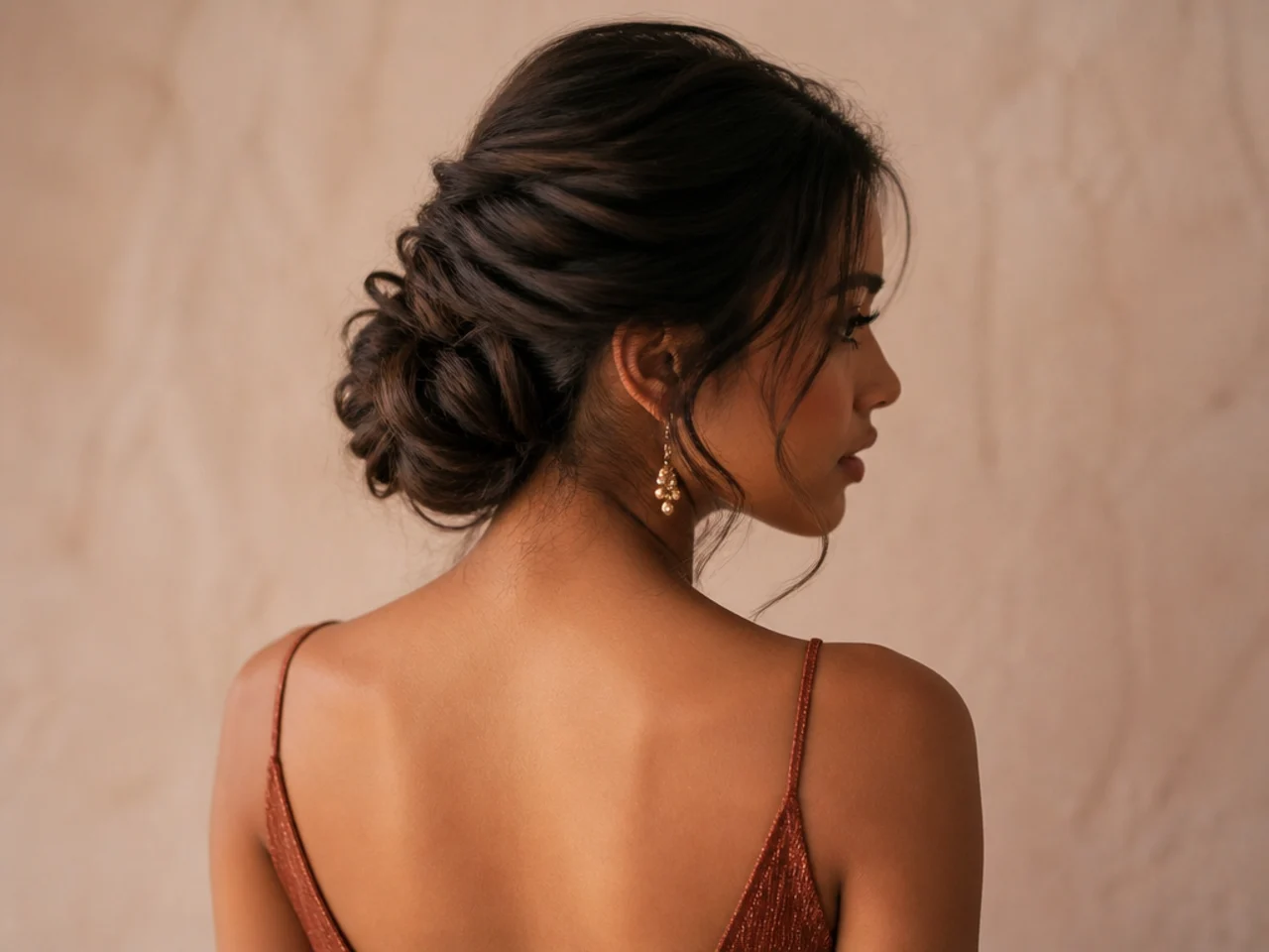 Low bun pinned in sections on thick hair