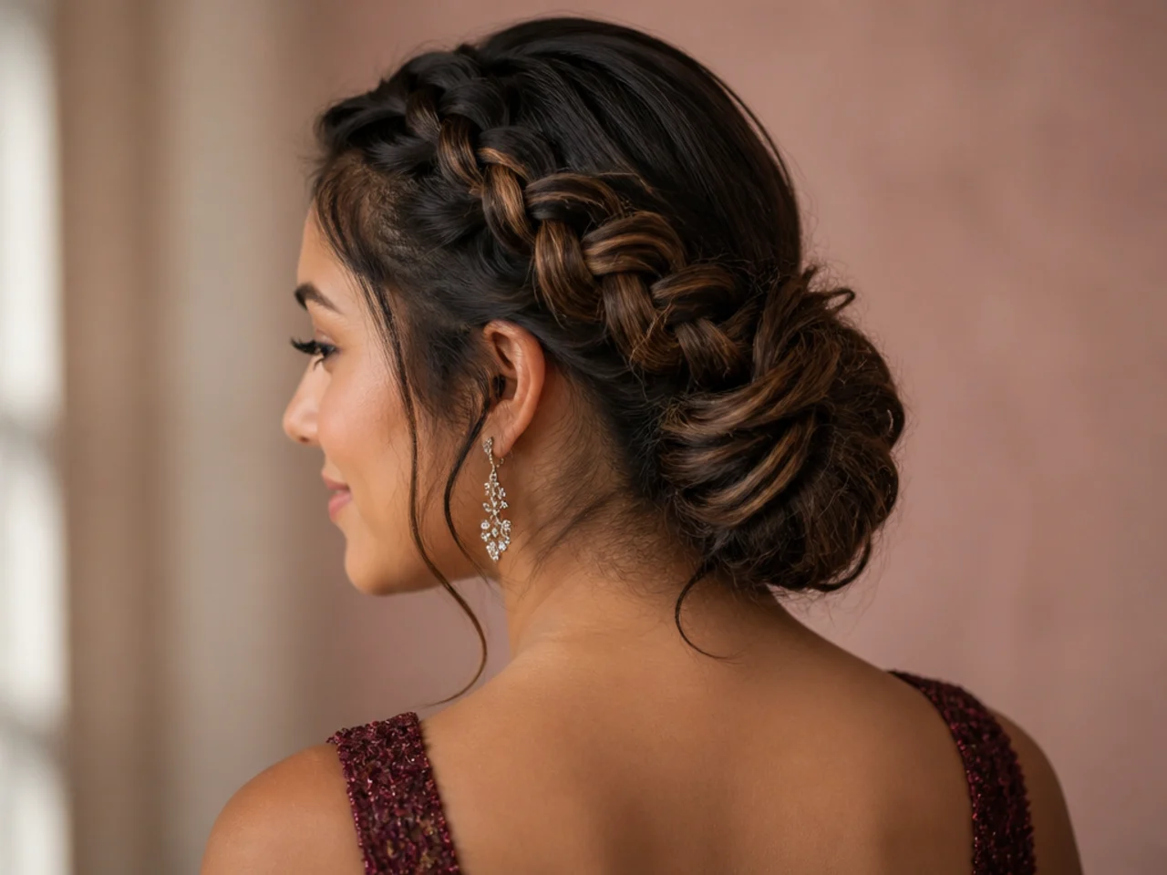 Dutch braid into a bun on thick hair