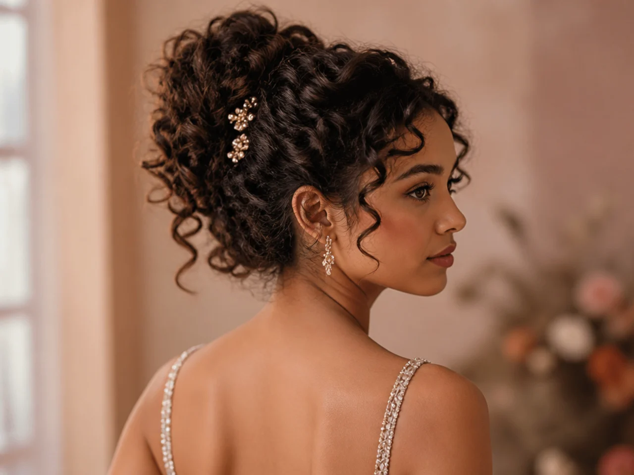 Curly hair pinned into an updo